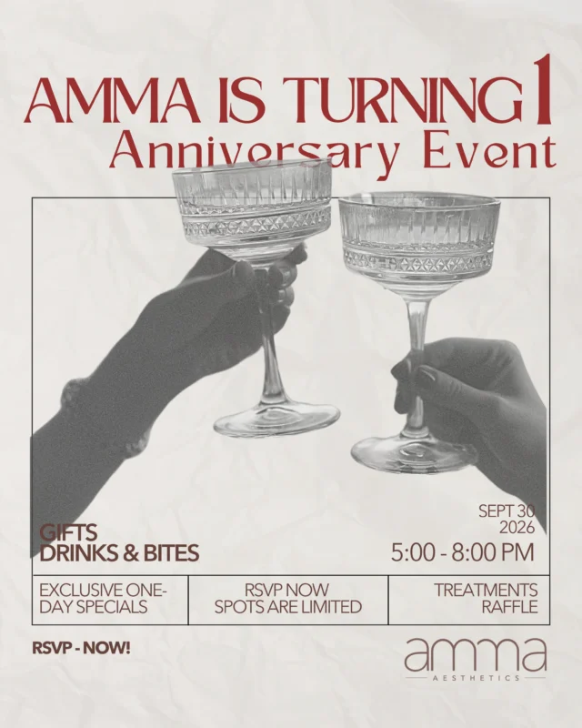 AMMA IS TURNING ONE! 🥂✨

One year of beauty, confidence, growth — and most importantly, one year of YOU. 🤍

Join us as we celebrate our first anniversary with an unforgettable evening at Amma!

✨ Live treatment demos
✨ Exclusive one-night-only specials
✨ Gifts & giveaways
✨ Treatment raffles — including Full Face Tox, EZGel & more
✨ Charm Bar by Mchrams
✨ Cocktails, bites & bubbly 🥂

SEPTEMBER 30 | 5–8 PM
📍 Amma Aesthetics, South Miami

Spots are limited — DM us to RSVP or RSVP here: https://www.ammaaesthetics.com/anniversary/

We can’t wait to celebrate YOU. 🤍✨